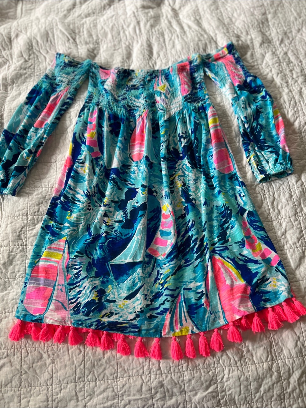 Lilly Pulitzer Aqua, Pink & Yellow Sailboat Smocked Long Sleeve Dress